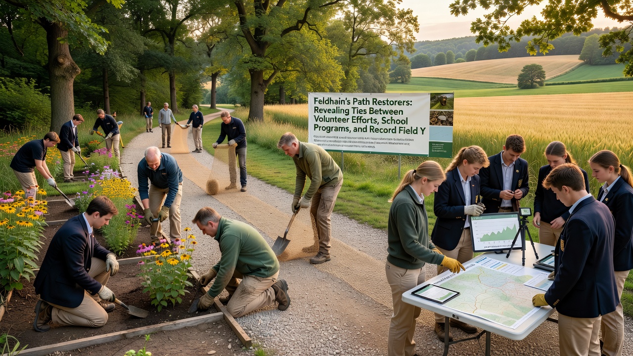 Students collecting soil samples along restored paths with volunteers in Feldhain fields