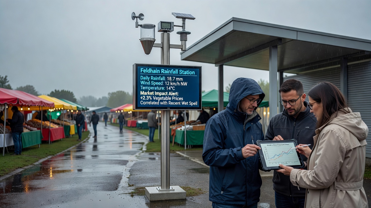 Vendors adjusting stall covers during a sudden rain shower at the Feldhain weekly market